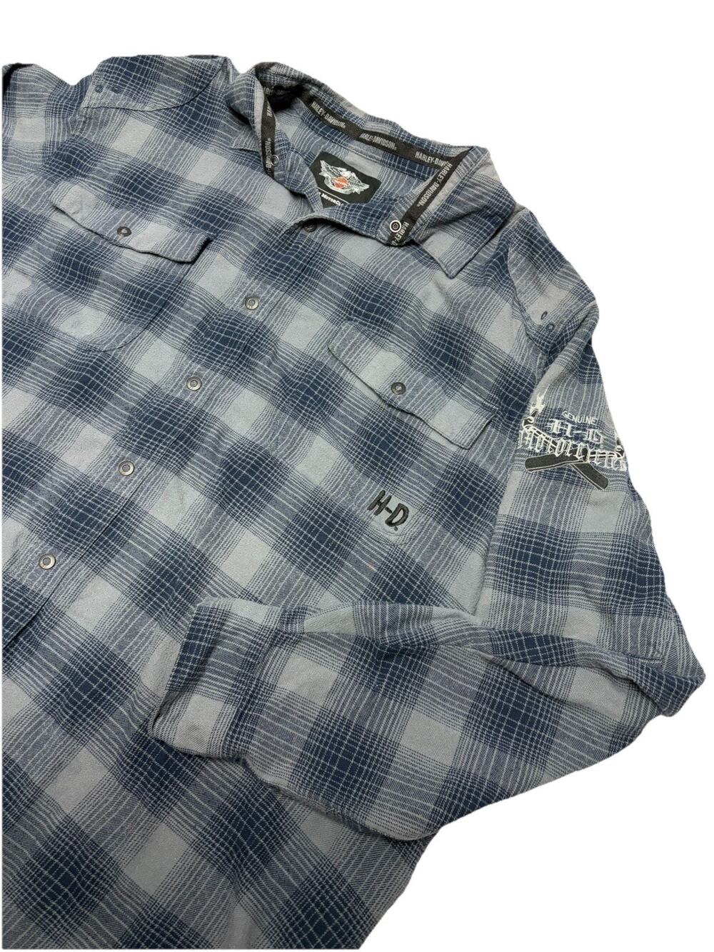 Vintage Harley Davidson Shirt Gray Plaid Biker Embroidered Y2K Button Up Sz 2XL
